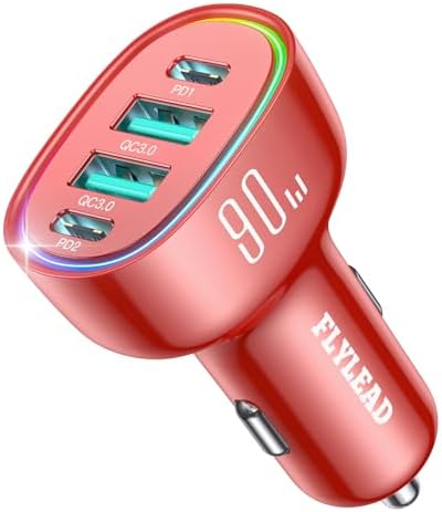 90 W 4-Port USB C Car Charger for i Phone 16/15/14/13/12 Pro Max – Fast Family Travel Charging Solution – Sleek Pink Cigarette Lighter Adapter for Multiple Devices – Ultimate On-the-Go Power for Road Trips and Adventures