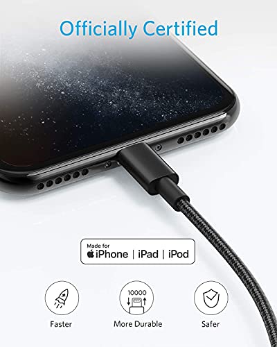 Anker 6 ft Durable Double-Braided Nylon Lightning Cable – Apple MFi Certified for Fast Charging and Data Transfer with i Phone and i Pad Compatibility – Premium Quality Accessory for Reliable Performance (Black)