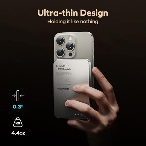 MOMAX 5000 m Ah Ultra-Slim Magnetic Power Bank – 0.3-Inch Portable Charger with 20 W Fast Wired & 15 W Wireless Charging, Compatible with Mag Safe and i Phone 15/14/13/12 Series, Includes USB-C Cable, Black – Lightweight Travel Companion with Strong N52 Magnet for Optimal Alignment & Advanced Safety Features for Secure Charging