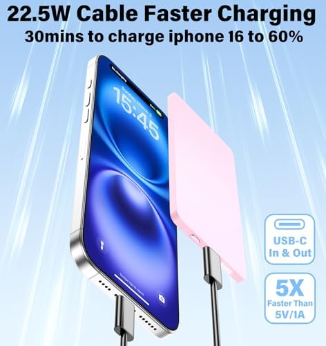Compact 5000 m Ah Mag Safe Battery Pack Mini: 22.5 W Fast Charging Wireless Power Bank with Magnetic Alignment for i Phone 16/15/14/13/12 Plus/Pro/Pro Max – Sleek and Portable USB-C Charger for On-the-Go Power Solutions