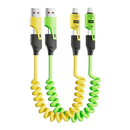 4 in 1 Spring Fast Charging Cable (2Pack), 65W USB-C PD Multi Fast Charging, 1.2m/4ft Coiled Retractable Cable for iPhone Samsung Laptop – Yellow+Green – Enhanced Compatibility and Speed