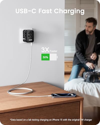 LENCENT 85 W Universal Travel Adapter with Retractable USB-C Cable – High-Speed International Plug Converter Featuring 3 Type-C & 1 USB-A Ports for Effortless Worldwide Charging – Your Ultimate Travel Essential for Maximum Compatibility, Fast Charging, and Ga N Technology Efficiency