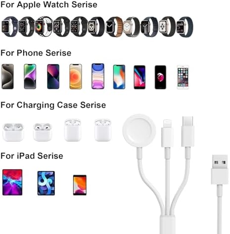 Revolutionary 3-in-1 Magnetic Charging Cable: MFi Certified Fast Charger for Apple Watch, i Phone, and Galaxy Devices – 12 W Power Delivery with 4 FT Flexibility for Seamless Charging – Perfect for Apple Watch Series Ultra, SE, 4-9, i Phone 16/15/14, Galaxy S23 – Effortless Charging Experience for Tech Savvy Users on the Move