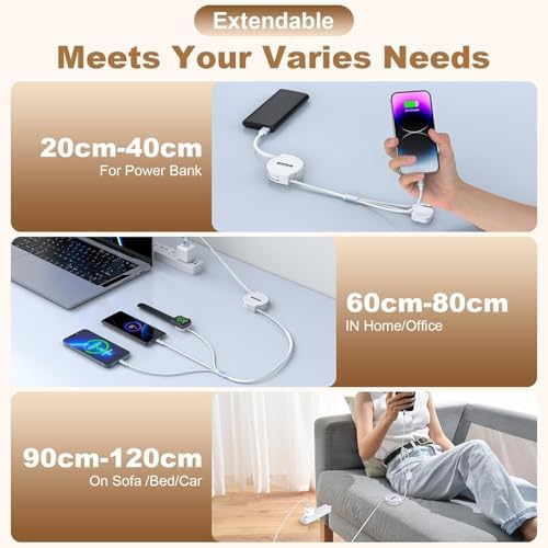 2024 Premium 3-in-1 Retractable Charger for Car – Fast 3 A USB Charging for Apple Watch, i Phone & i Pad – Streamlined White Design for Effortless Portability – Ideal for Travelers & Daily Commuters