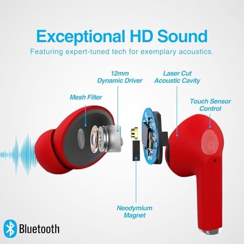 Naztech Xpods PRO True Wireless Earbuds – Advanced Noise Cancelling Sports Earbuds with Touch Control, IPX4 Waterproof Design, High-Definition Sound, Secure Fit for Active Lifestyles, Wireless Charging Case Included – Red Edition for Enhanced Mobility and Performance