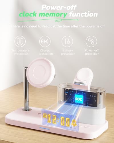 Ultimate 5-in-1 Wireless Charging Station with Alarm Clock and Night Light – Sleek Mag-Safe Dock for i Phone 16/15/14/13/12, Apple Watch & Air Pods – Fast Charging & Space-Saving Design for Nightstand Organization
