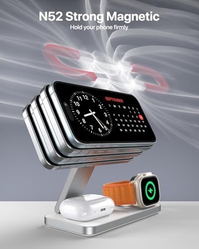 3-in-1 Magnetic Wireless Charging Station for Apple Devices – Foldable Fast Charger for i Phone 16/15/14/13/12, Apple Watch, and Air Pods Pro – Compact Travel Charger with Advanced Magnetic Alignment and Intelligent Protection – Sleek Design for Home and Office Use – Includes 20 W Adapter and USB-C Cable – Ultimate Charging Solution for Apple Enthusiasts