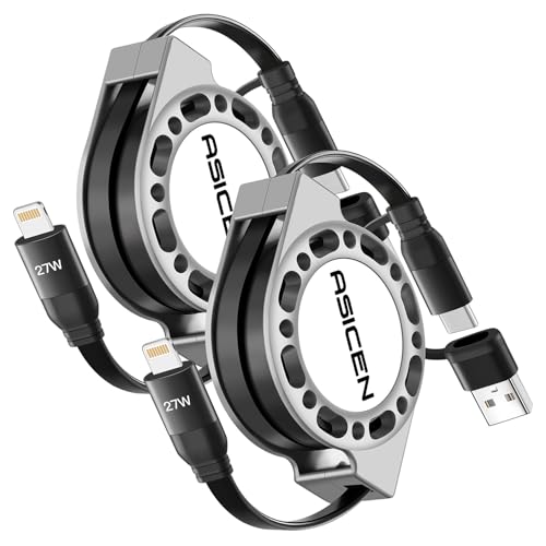 Ultimate 3-in-1 Retractable Charging Cable: USB C, Lightning & USB A Connectors for Fast 27 W Power Delivery – MFi Certified for Seamless Data Sync & Enhanced Compatibility with i Phone 14, 13, 12, 11, XS, SE, i Pad & i Pod – Compact & Portable Design for Everyday Use and Travel
