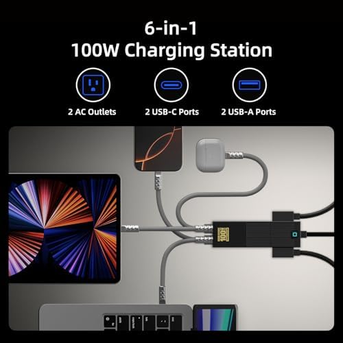 High-Power 100 W 6-in-1 Ga N USB-C Charging Station with Dual USB-C & USB-A Ports, 2 AC Outlets – Ultimate Fast Charging Solution for Mac Book Pro/Air, i Phone 16/15, Galaxy & More – Compact, Travel-Friendly Power Adapter for Multi-Device Efficiency