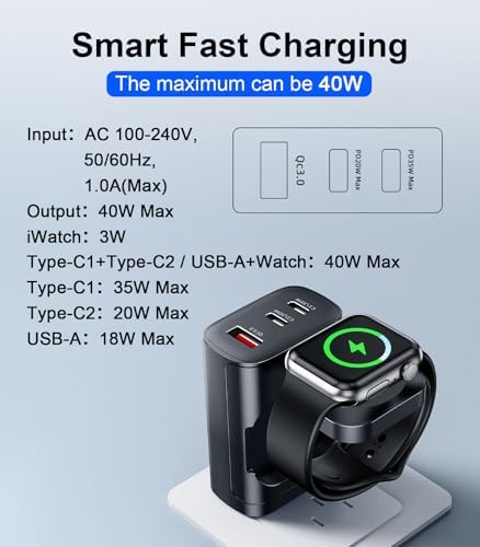 40 W 4-in-1 Fast Charger for i Phone, Apple Watch & Air Pods – Portable Multi-Device Charging Station with Dual USB Wall Block – Ideal Travel Companion for Apple Users – Enhanced Compatibility & Efficient Power Delivery