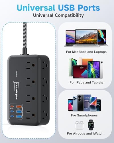Maximize Your Charging Efficiency with the 2800 Joules Surge Protector Power Strip – 8 AC Outlets & 6 Fast-Charging USB Ports (4.8 A/24 W) for i Phone 15, 5 ft Flat Extension Cord & Wall Mount Design – Perfect for Home, Office & Travel Needs
