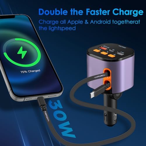 Ultimate 5-in-1 Fast Car Charger with Bluetooth 5.3 FM Transmitter – 90 W Retractable Charging Hub for i Phone 15/14/13 – Hands-Free Calling and Dual USB Ports for Seamless Connectivity and Quick Charging – Compact Black Design for Enhanced In-Car Experience