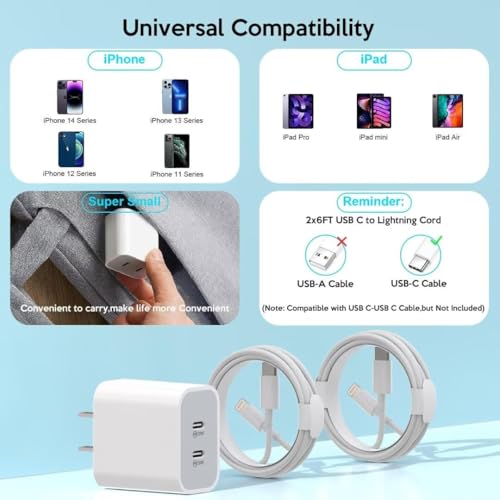 Enhanced Speed and Versatility: Dual-Pack Fast Charging i Phone Charger with 6 FT USB-C to Lightning Cable – Compatible with i Phone 14 Pro Max, 14 Plus, 13 Pro, 12 Mini, 11, XS, XR, X & i Pad – Efficient Power Delivery for Home and Travel