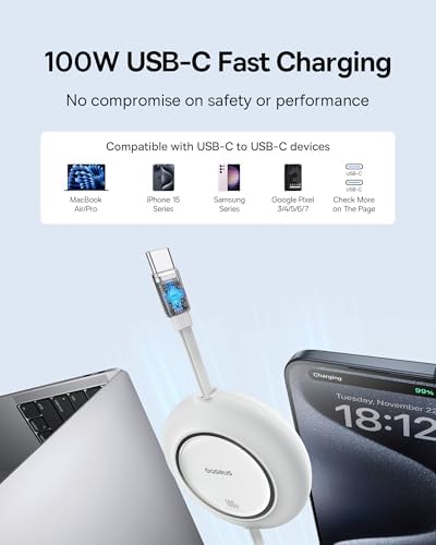 Baseus 100 W Retractable USB-C to USB-C Charging Cable – Versatile 6.6 ft Length with 7 Adjustable Stages for High-Speed Charging of i Phone 16/15 Pro Plus, Mac Book, i Pad Pro, Samsung S24/S23+ – Durable, Tangle-Free Solution for Home and Travel Charging Needs