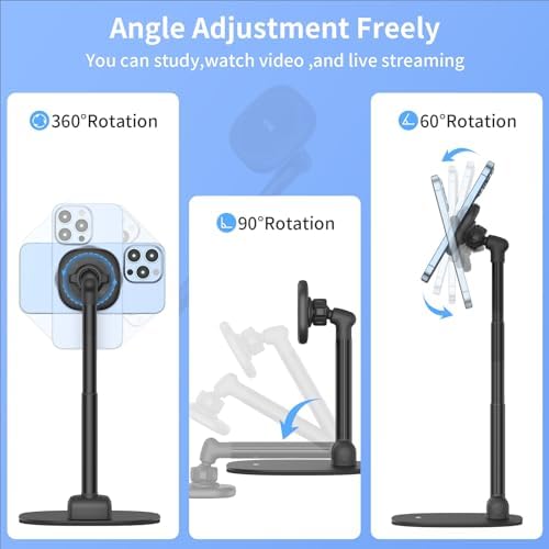 VRIG Magnetic Desk Phone Stand for Office/Home, 360°Rotation Wireless Charger Phone Holder with Magnetic Ring Height&Tilt, Adjustable Cell Phone Stand for iPhone 16 15 14 13 12 and More/Android – Enhanced Compatibility and Speed