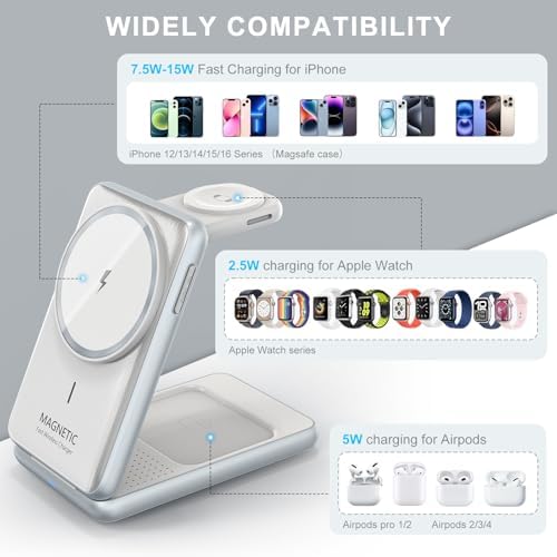Ultimate 3-in-1 Magnetic Wireless Charging Station: Fast Travel Charger for i Phone 16, 15, 14 – Apple Watch Ultra/SE/9/8 – Air Pods Pro 4/3 – Compact Foldable Design with 18 W Adapter for Efficient Multi-Device Charging (White) – Enhanced Durability & Quick Charge Technology