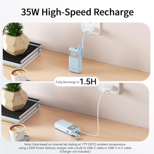 10,000 m Ah Portable Power Bank with Integrated USB-C Cable – Ultra-Fast Charging Solution for i Phone 16/15, Mac Book, Galaxy, i Pad & Air Pods – Your Essential Travel Power Companion with Superior Device Compatibility and Speed