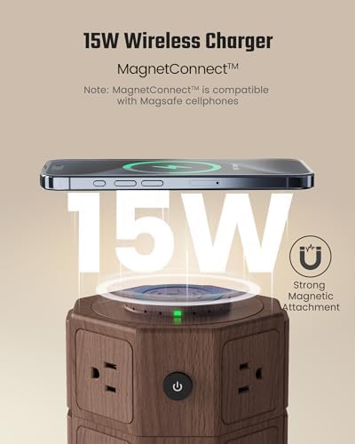 Revolutionize Your Charging Setup with SUPERDANNY Power Strip Tower – 15 W Wireless Charger, 6.5 Ft Retractable Cord, 1050 J Surge Protection, 8 Outlets & 4 USB Ports (2 USB-C) for Ultimate Home and Office Versatility