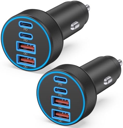 Dual 45 W USB C Car Charger 2-Pack – High-Speed 4-Port Vehicle Adapter for i Phone 16, i Pad, Samsung & Android Devices, 90 W Total Output for Multi-Device Charging – Compact Power Solution for Road Trips and Daily Commutes