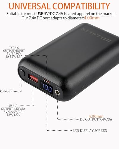 High-Capacity 20,000 m Ah Rechargeable Battery Pack for Heated Vests – Versatile 5 V/7.4 V/12 V Power Bank with LED Status Display, DC/USB/Type-C Outputs for Ultimate Heating Solutions – Perfect for Outdoor Adventures and Cold Weather Comfort