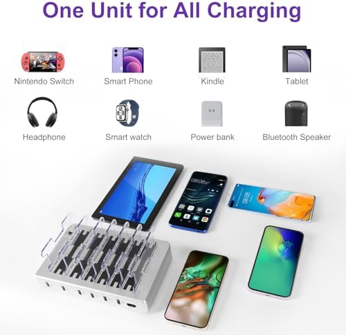 GARUET 6-Port USB Charging Station – Fast Multi-Device Charger Hub with 6 Mixed Cables for i Phones, i Pads, and More – Sleek Design, Enhanced Compatibility, and Intelligent Safety Features for Efficient Power Management