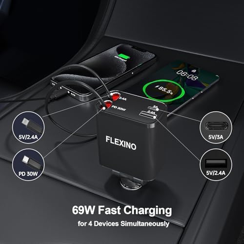 Flexino 69 W Retractable Car Charger for i Phone 16 & Galaxy – Dual USB-C Fast Charging Adapter with 2.6 ft Cords for Seamless Road Power – Compact, Stylish, and Versatile Car Charger Accessory for All Devices