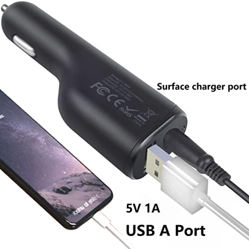 Rapid Charge 36 W Car Charger for Microsoft Surface Pro & Laptop – Dual Charging with USB 2.0 Port, 5 Ft Cord & Travel Pouch – Perfect for Surface Pro 3/4/5/6, Surface Book, and Surface Go Models – Enhanced Compatibility for On-the-Go Professionals