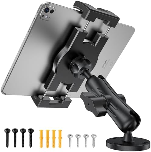 Heavy-Duty Industrial Tablet Mount for Vehicles – Adjustable Aluminum Arm for 4.7″-12.9″ Devices, Ultimate Stability Drill Base, Perfect for Trucks, Boats, and Workspaces – Versatile Dashboard & Wall Installation in Sleek Black Finish
