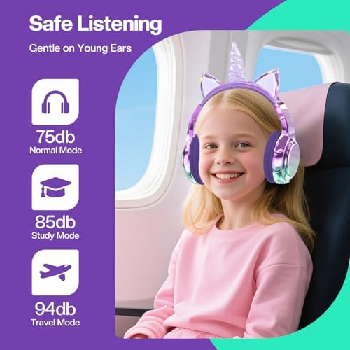 Elevate Your Child’s Listening Experience with Qear Fun Purple Cat Ear Bluetooth Headphones – 60 Hours of Playtime, Safe Volume Control (74/85/94 d B), Ultra-Portable Foldable Design, Advanced Bluetooth 5.3 Connectivity, and Built-in Mic for Girls – Perfect for School, Travel, and On-the-Go Fun