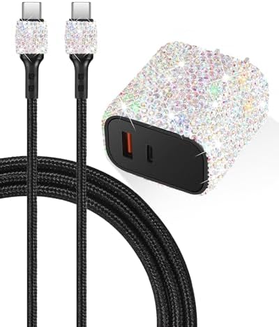 Effortless Power Boost: Bling USB C Wall Charger with 20 W Dual Port Fast Charging Adapter & 3.2 FT Type-C Cable – Universal Compatibility for i Phone 16/15 Pro Max, i Pad, and Samsung Galaxy S23/S22/S21/Note Series – Ultimate On-the-Go Charging Solution for Home & Travel