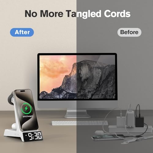 Revolutionary 3-in-1 Wireless Charging Station with LED Alarm Clock – Simultaneous Charging for i Phone 16-11 Pro Max, Apple Watch Series 10-5, and Air Pods Pro 4-2 – Space-Saving Nightstand Dock with Adjustable Brightness, Phone Case Compatibility, and Enhanced Safety Features – Perfect for Home, Office, and Travel
