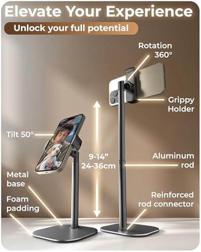 Cooper ChatStand Adjustable Cell Phone Stand for Desk & Video Recording, Rotating Cell Phone Holder for Desk for All iPhone, Samsung, Android, 9-14″ Face-Level Metal Desktop Tripod (Frost White) – Enhanced Compatibility and Speed