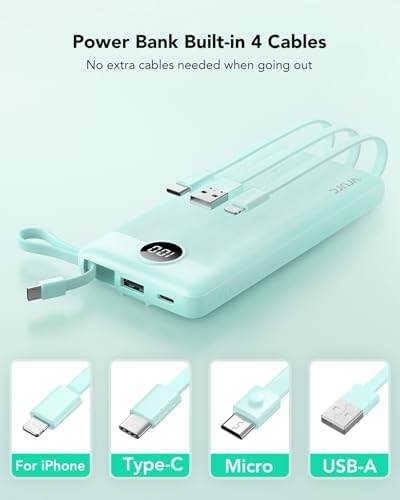 VRURC 10000 m Ah Portable Power Bank with Integrated Cables and LED Battery Indicator – Slim, Lightweight Travel Charger with Dual Input and Five Outputs for Effortless Device Charging – Ideal for Smartphones and Tech Gadgets – Stylish Blue Design (1 Pack) – Ultimate Convenience and Compatibility