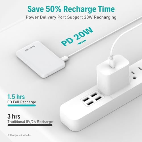 Ultra-Slim 20 W Fast Charging Power Bank with Built-in USB C Cable – 6000 m Ah Lightweight Portable Charger for i Phone 16, 15, Samsung & Android Devices – Essential Travel Battery Pack for On-the-Go Power Needs