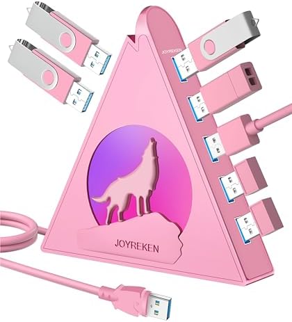 Elevate Your Connectivity Game with the Joy Reken 7-Port USB 3.0 Hub – High-Speed Data Transfer, Vertical Design with RGB Lighting, Ideal for PC, Mac, Laptop, PS5, Xbox, and More – 5 Gbps Performance with 2 FT Extension Cable for Optimal Placement and Style