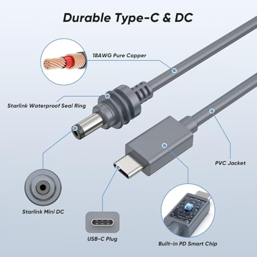 Starlink Mini Power Cable – 9.8 FT USB C to DC, 100 W Fast Charging, 18 AWG Pure Copper, PD Chip for Optimal Performance, Ideal for Outdoor Travel and Car Charging, Essential Accessory for Starlink Mini Kit Users