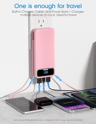 Ultra-Compact 12000 m Ah Power Bank with Built-in Charging Cables & AC Plug – 20 W PD Fast Charging for i Phone, Samsung, Android, USB-C Devices – Travel-Friendly External Battery Pack in Purple – Unmatched Portability and Efficiency for On-the-Go Charging Solutions