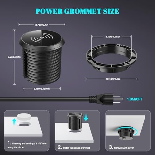 Recessed 20 W USB-C Power Grommet with 15 W Wireless Charger – Sleek Desk Power Strip Featuring 2 AC Outlets, 18 W USB-A Port, and 6 FT Cord for Ultimate Convenience in Home and Office Environments – Ideal for Efficient Charging and Enhanced Productivity