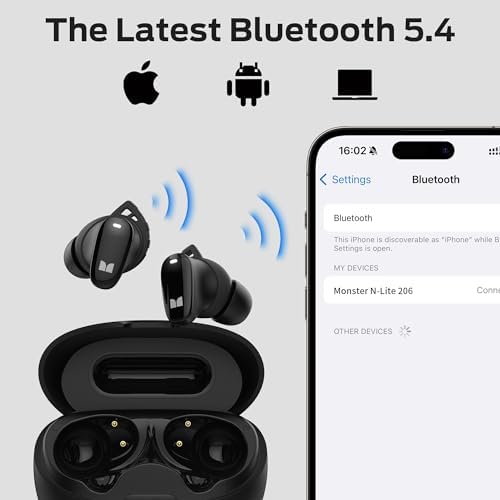 Monster N-Lite 206 Bluetooth 5.4 Wireless Earbuds – 25-Hour Playtime with IPX6 Waterproof Protection for Ultimate Durability – Touch Control for Seamless Music & Call Management – USB-C Fast Charging for On-the-Go Convenience – Superior Comfort and Deep Immersive Sound for Gym, Commutes, and Everyday Use