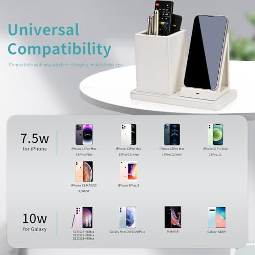 Sleek Marble Finish Wireless Charging Station with Desk Organizer – Fast Qi-Certified Charger for i Phone 13/12/11 Series, Effortless Device Power-Up & Luxurious Leather Accents for an Organized Workspace