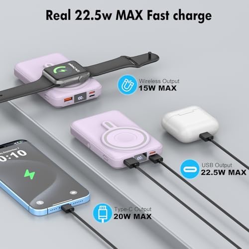Ultimate 3-in-1 Wireless Portable Charger 10000 m Ah – Magnetic Power Bank with Built-in Cables and LED Display for i Phone 15/14/13/12, Apple Watch, Air Pods – 22.5 W Fast Charging, Enhanced Compatibility for On-the-Go Power Solutions