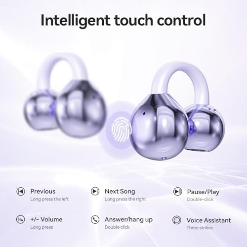 Open Ear Bluetooth 5.4 Clip-On Earbuds – Ultra-Lightweight & Waterproof Headphones with 60-Hour Battery Life for Active Lifestyles – Stylish Purple Design for Glasses Wearers & All-Day Comfort