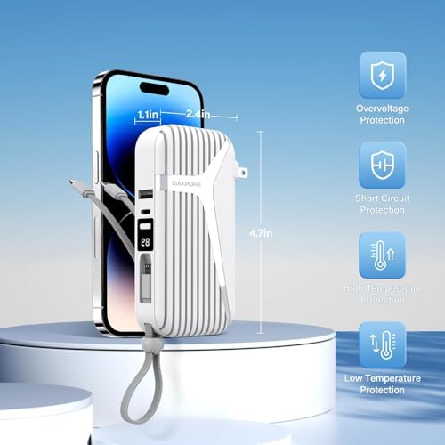 Compact 27 W Fast Charging Power Bank with Built-in Cables – 10,000 m Ah Portable Charger for i Phone & Android – Effortless Multi-Device Charging with 4 Outputs & 2 Inputs – Essential Travel Battery Pack for i Phone 16/15/14 and Newer – Durable Design for On-the-Go Energy Solutions