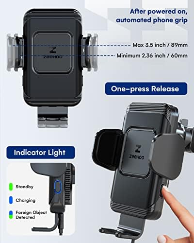 Zee Hoo 15 W Fast Wireless Car Charger with Auto-Clamp Mount – Effortless Qi Charging for i Phone 14/13/12 Mini/11 Pro Max & Samsung Galaxy S22/S21 – Multi-Position Holder for Windshield & Air Vent with 45 W QC3.0 Adapter for Enhanced Power Efficiency and Secure Usage