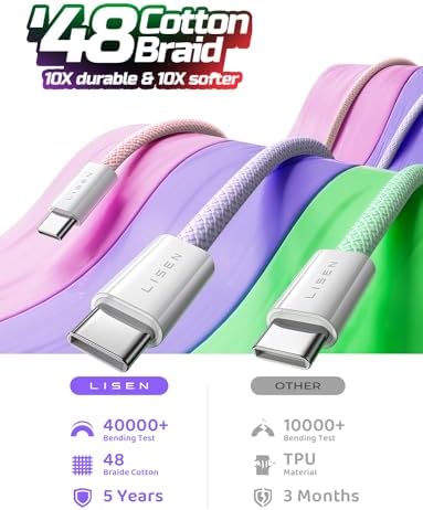LISEN USB C to USB C Cable 5-Pack – Premium Fast Charging Solution with 60 W Power Delivery, Versatile Lengths (3.3 FT, 6.6 FT, 10 FT) for i Phone 16, i Pad Mini 6/Pro, Mac Book Pro 2020 & Samsung S23 – Durable, High-Speed Connectivity for All Your Devices