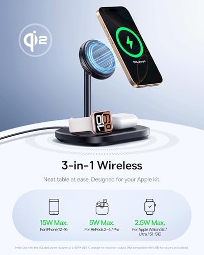 Baseus 3-in-1 Wireless Charger Stand – Qi2 Certified 15 W Fast Charging Station for i Phone 12-15, Apple Watch & Air Pods with 45 W Adapter – Stylish and Efficient Magnetic Charging Solution with Cooling Technology