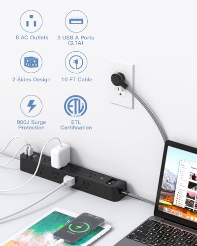 15 ft Heavy-Duty Extension Cord with Surge Protection | 8 AC Outlets & 3 Fast USB Ports | Flat Plug Wall Mount Power Strip for Home & Office | ETL Certified Charging Station for Safe, Efficient Device Management