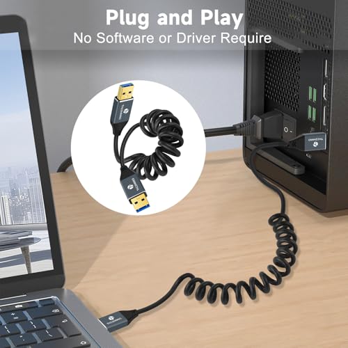Retractable Coiled USB B to USB C Cable for High-Speed Data Transfer – 5 Gbps Compatibility with Mac, PC, Laptops, MIDI Keyboards, and DJ Controllers – Adjustable Length from 0.75 FT to 3.3 FT for Effortless Connectivity and Organization