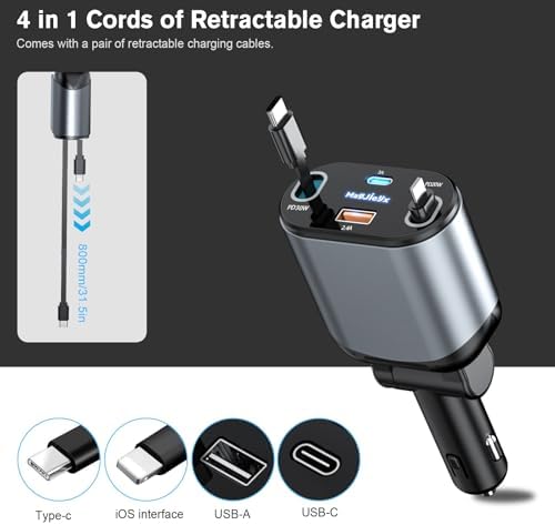 Magjieyx 62 W Retractable Car Charger: 4-in-1 Fast Charging Adapter for Ultimate On-the-Go Power – Compatible with i Phone 16/15/14/13/12 Pro Max Plus, i Pad, Air Pods, Galaxy – Quick Charge & Power Delivery Enabled for Rapid Device Charging – Tangle-Free Convenience for Commuters and Travelers
