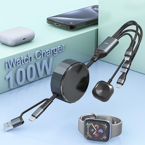 Ultimate 100 W Multi-Device Fast Charging Cable: 4-in-2 USB-C/A Retractable Charger for Apple Watch, i Phone, Mac Book & Galaxy – MFi Certified Travel Essential with Magnetic Connection and Adjustable Length for Efficient Simultaneous Charging of Up to 4 Devices. Experience rapid charging with advanced 6 A PD technology, powering your i Phone 15 Pro to 92% in just 35 minutes and fully charging Mac Book Pro in 1.9 hours. Designed for convenience, this versatile cable extends from 1 ft to 4 ft, making it perfect for any environment, from your office to your car. The magnetic Apple Watch charger ensures secure connections, while built-in safety features protect your devices from over-current and overheating. Compatible with a wide range of devices including all Apple Watch series and various smartphones, this compact and durable cable is the ultimate travel companion. Enjoy peace of mind with a 12-month warranty and dedicated customer support, ensuring 100% satisfaction.